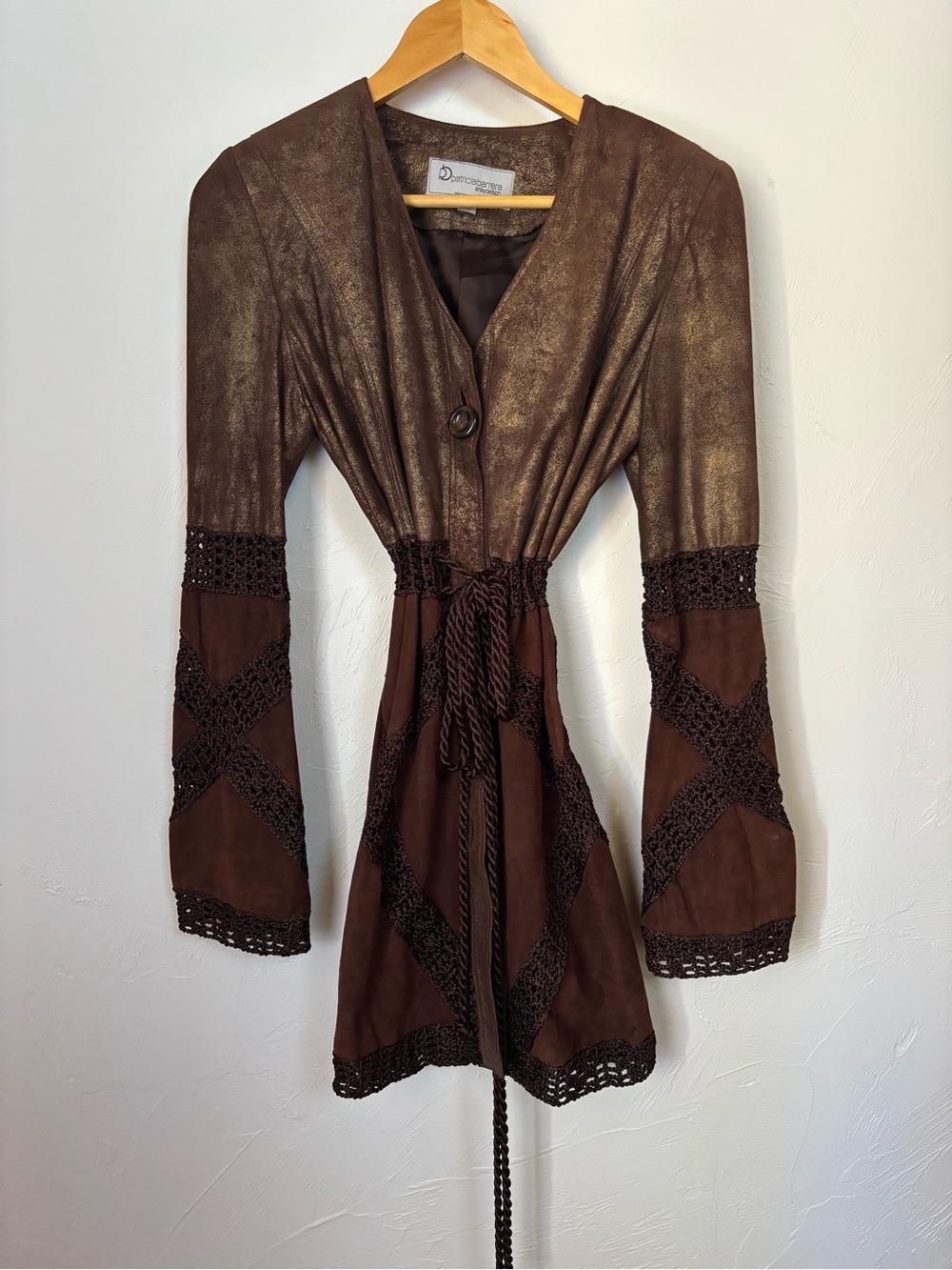 Vintage Patricia Barrera Metallic Bronze Suede Leather Coat Crochet X Trim Sz M